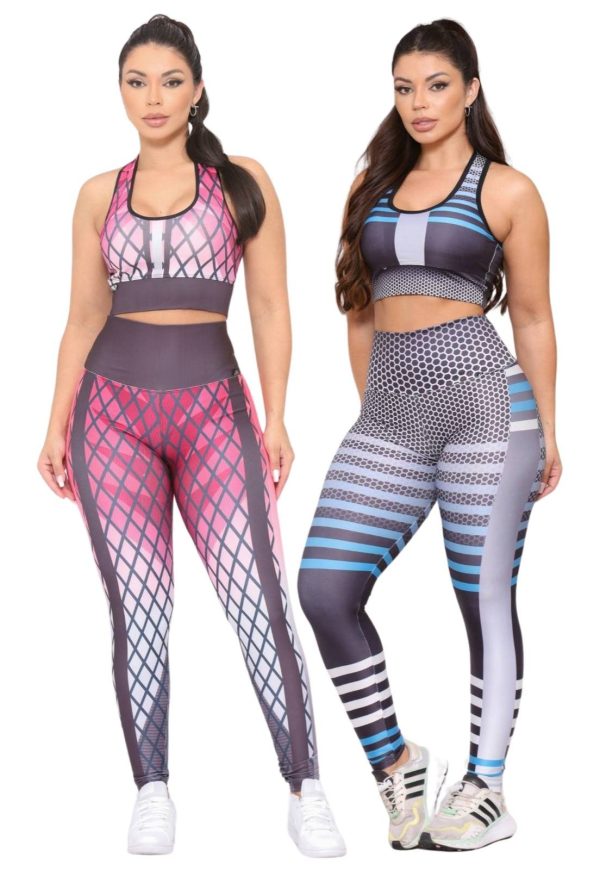 Kit 2 Conjuntos Feminino Top e Calça Fitness Cintura Alta Não Transparente Linha Premium