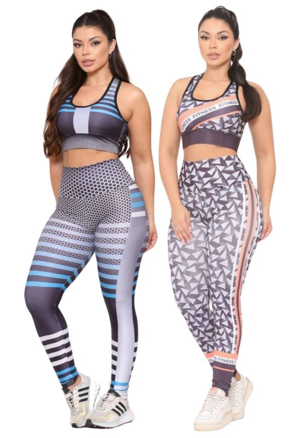 Kit 2 Conjuntos Feminino Top e Calça Fitness Cintura Alta Não Transparente Linha Premium