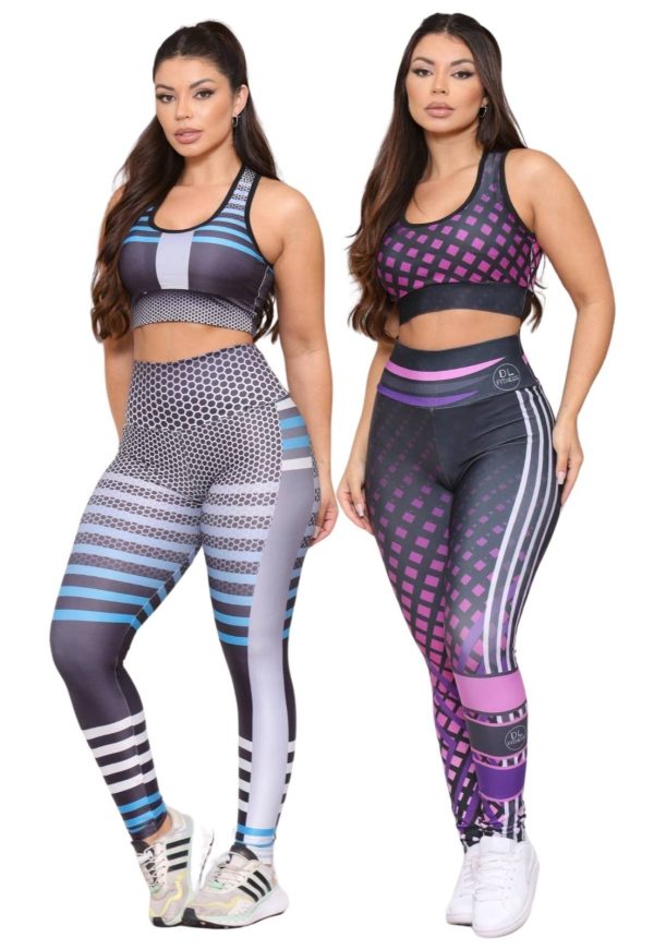 Kit 2 Conjuntos Feminino Top e Calça Fitness Cintura Alta Não Transparente Linha Premium