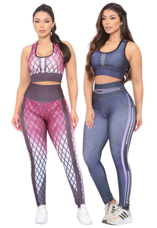 Kit 2 Conjuntos Feminino Top e Calça de Academia Estampada Cintura Alta Linha Premium