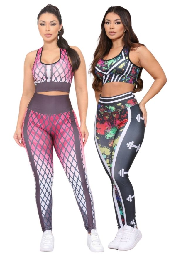 Kit 2 Conjuntos Feminino Top e Calça de Academia Estampada Cintura Alta Linha Premium