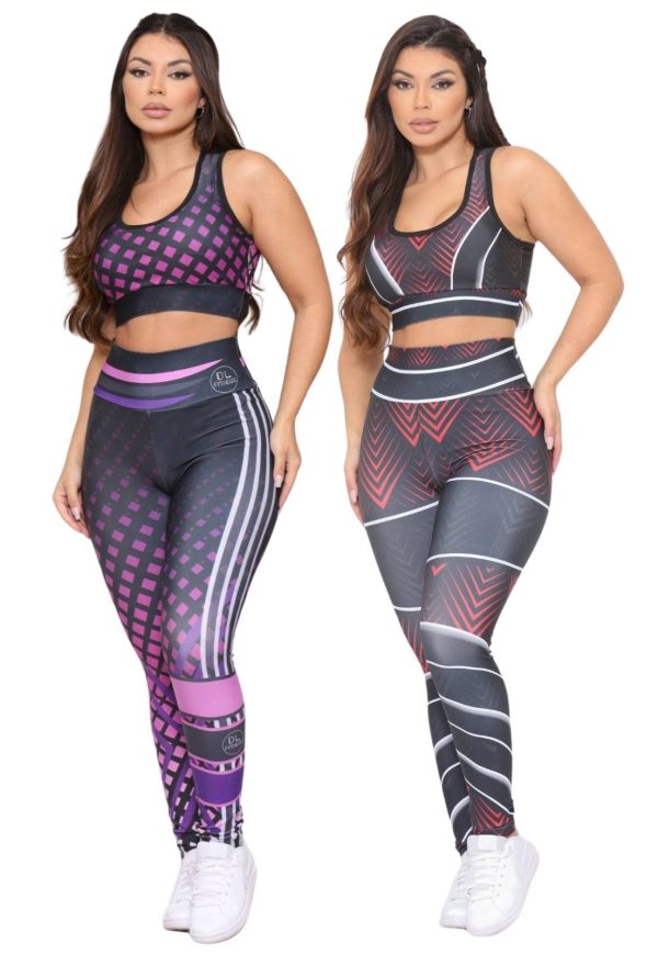 Kit 2 Conjuntos Feminino de Academia Top e Calça Fitness Cintura Alta Linha Premium