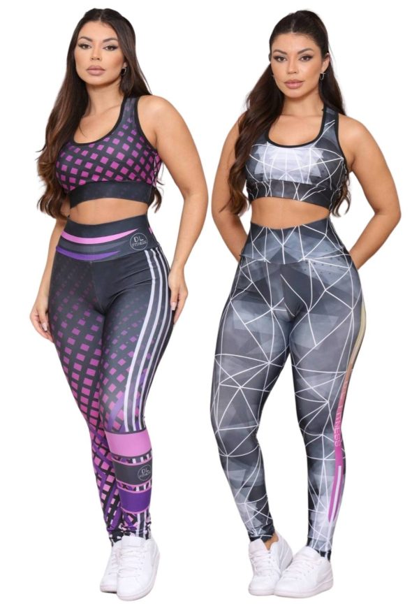 Kit 2 Conjuntos Feminino de Academia Top e Calça Fitness Cintura Alta Linha Premium