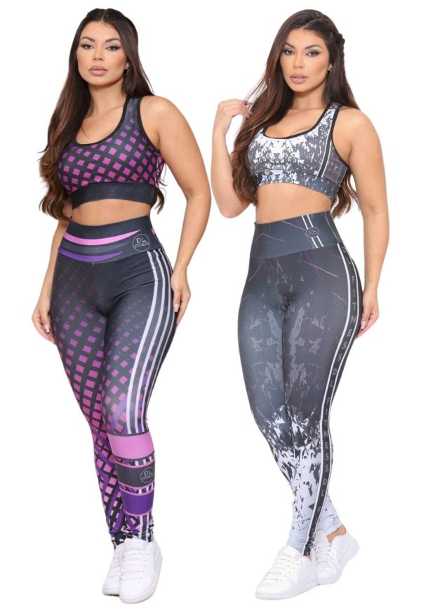 Kit 2 Conjuntos Feminino de Academia Top e Calça Fitness Cintura Alta Linha Premium