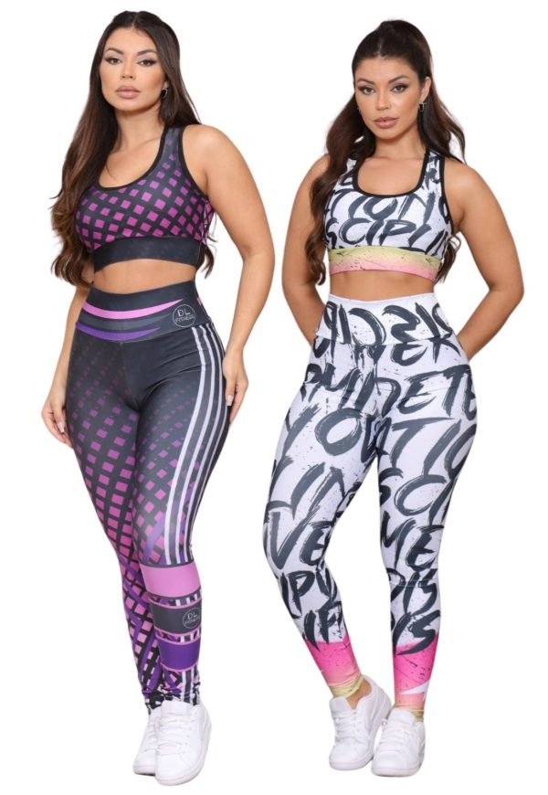 Kit 2 Conjuntos Feminino de Academia Top e Calça Fitness Cintura Alta Linha Premium