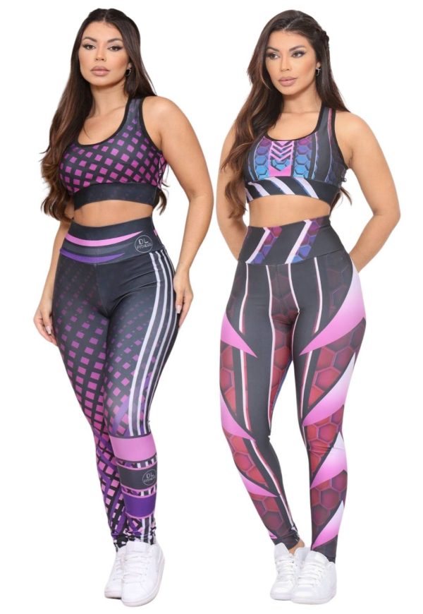 Kit 2 Conjuntos Feminino de Academia Top e Calça Fitness Cintura Alta Linha Premium