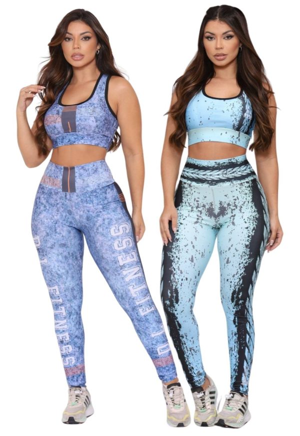 Kit 2 Conjuntos Fitness Top e Calça Cintura Alta Estampada Linha Premium