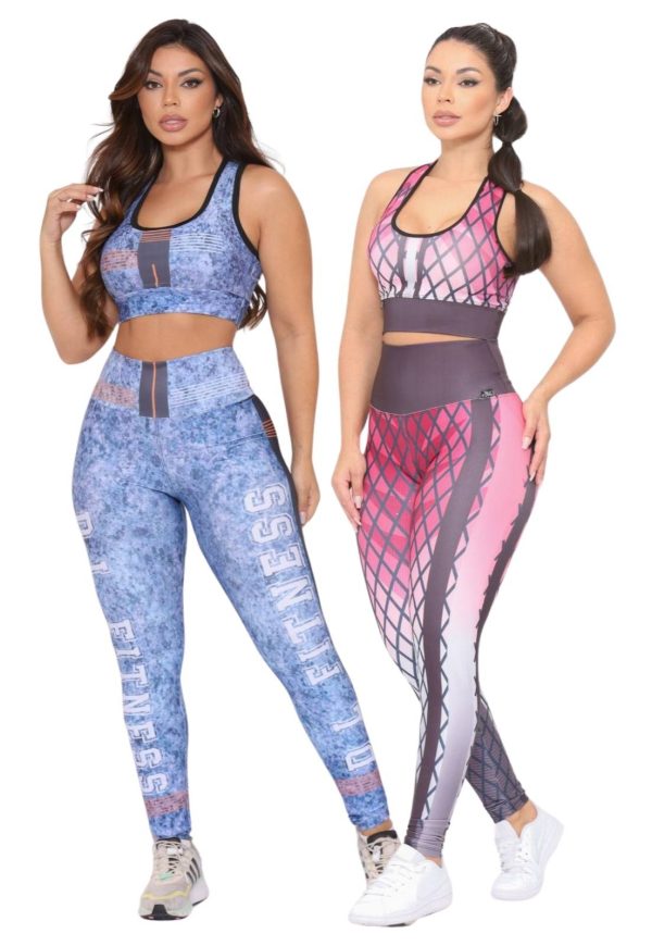 Kit 2 Conjuntos Fitness Top e Calça Cintura Alta Estampada Linha Premium