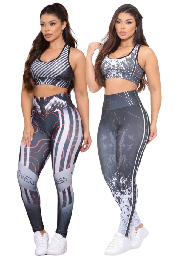 Kit 2 Conjuntos Fitness Top e Calça Estampadas Cintura Alta Tecido Premium Não Transparente