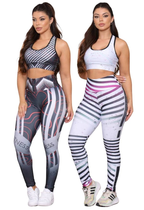 Kit 2 Conjuntos Fitness Top e Calça Estampadas Cintura Alta Tecido Premium Não Transparente