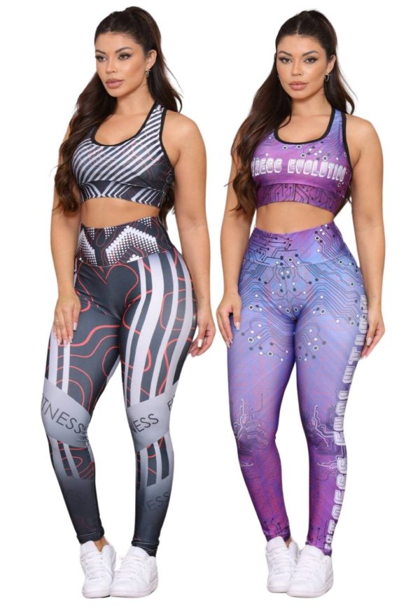 Kit 2 Conjuntos Fitness Top e Calça Estampadas Cintura Alta Tecido Premium Não Transparente