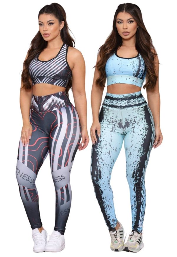 Kit 2 Conjuntos Fitness Top e Calça Estampadas Cintura Alta Tecido Premium Não Transparente