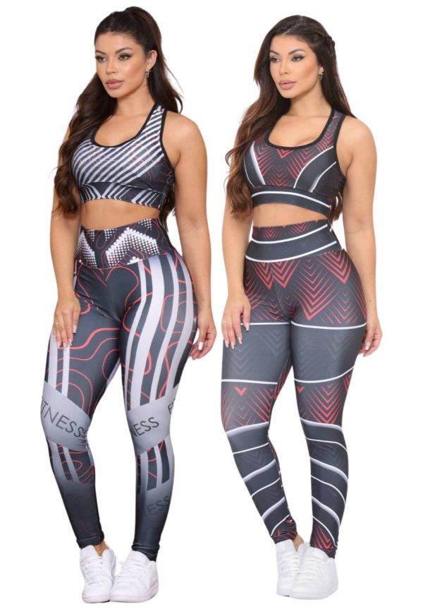 Kit 2 Conjuntos Fitness Top e Calça Estampadas Cintura Alta Tecido Premium Não Transparente