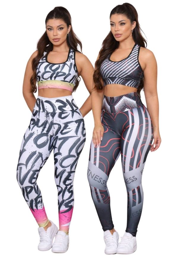 Kit 2 Conjuntos Fitness Top e Calça Estampadas Cintura Alta Tecido Premium Não Transparente