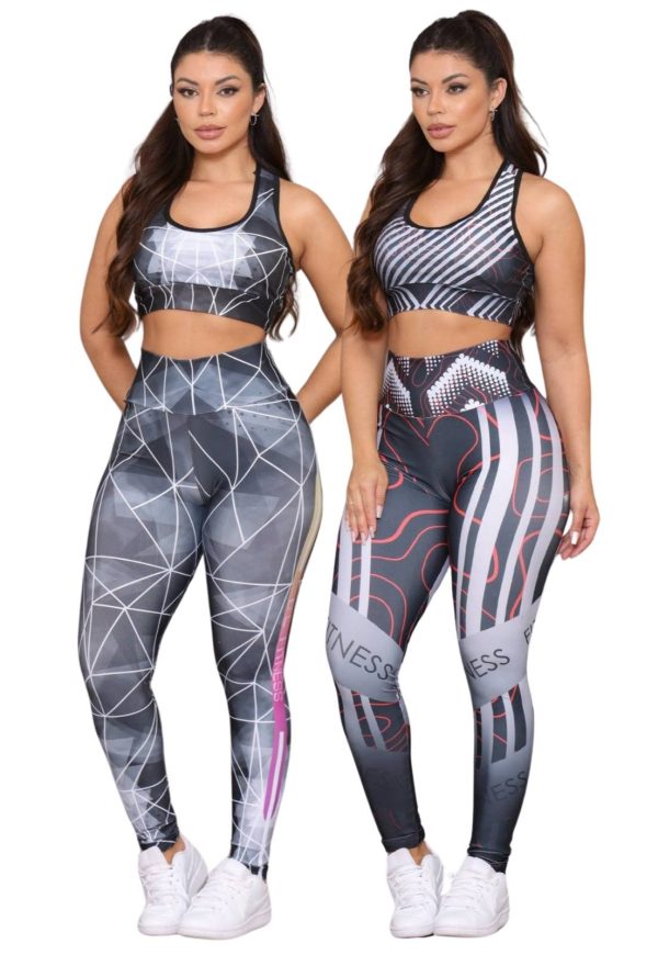 Kit 2 Conjuntos Fitness Top e Calça Estampadas Cintura Alta Tecido Premium Não Transparente