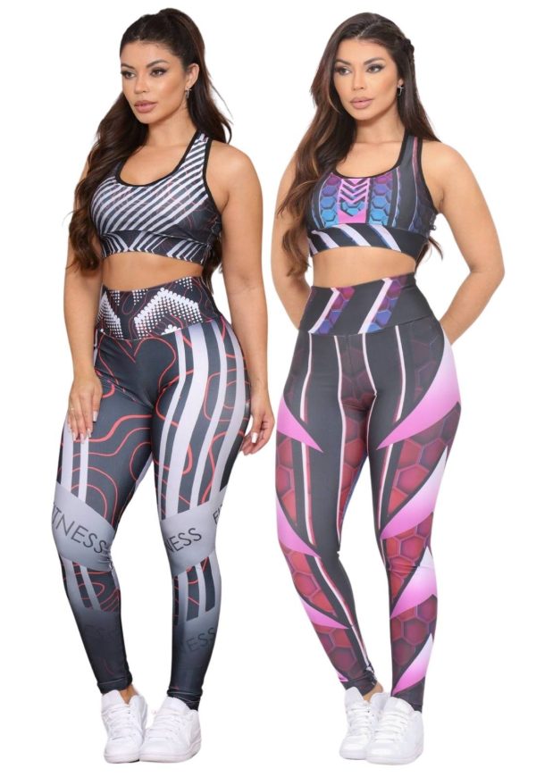 Kit 2 Conjuntos Fitness Top e Calça Estampadas Cintura Alta Tecido Premium Não Transparente