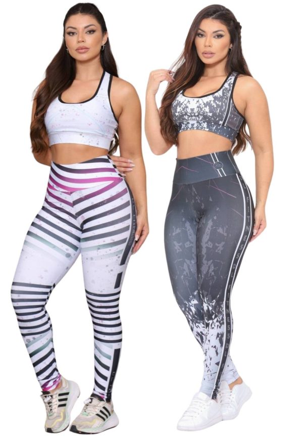 Kit 2 Conjuntos Fitness Top e Calça Feminina para Academia Não Transparente Cintura Alta Linha Premium