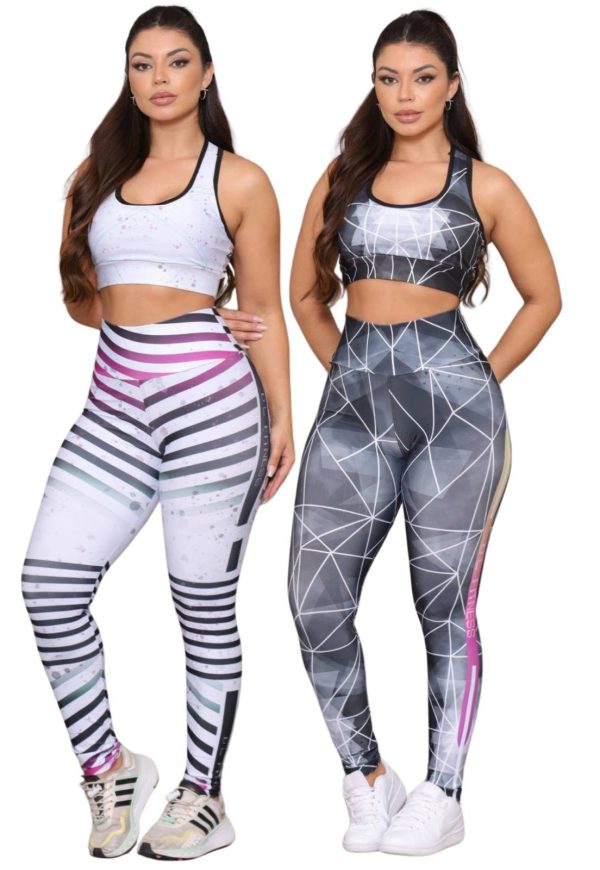 Kit 2 Conjuntos Fitness Top e Calça Feminina para Academia Não Transparente Cintura Alta Linha Premium