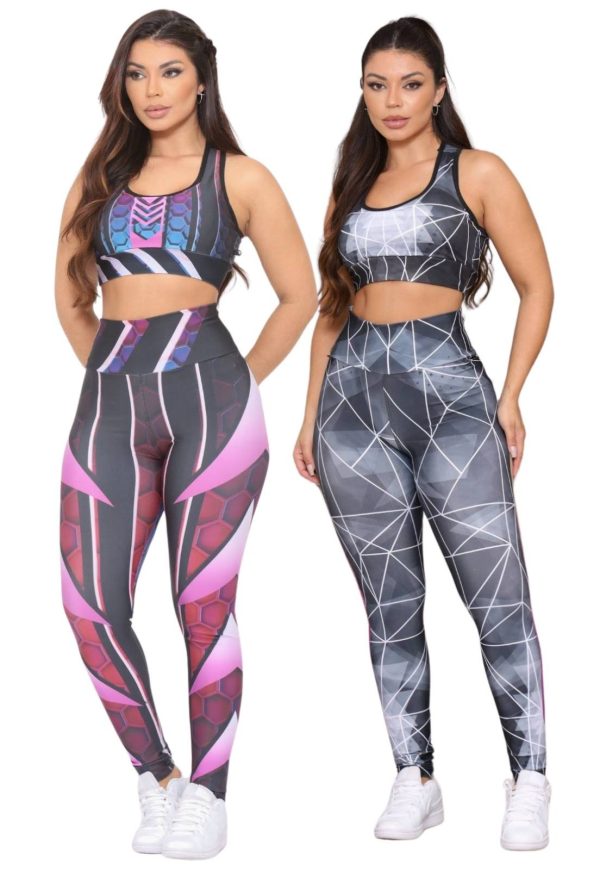 Kit 2 Conjuntos Top e Calça Fitness Feminina Esportivo Não Transparente Cintura Alta