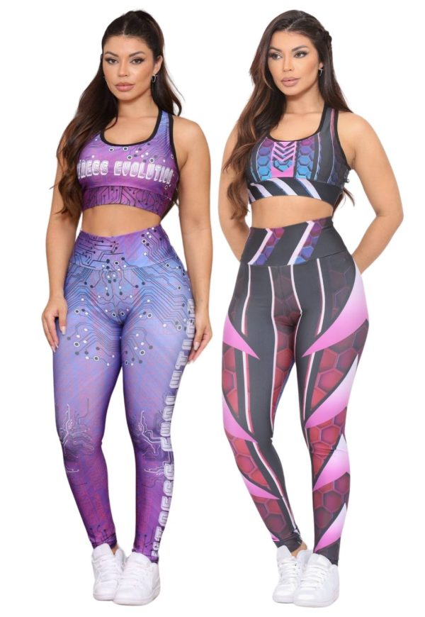 Kit 2 Conjuntos Top e Calça Fitness Feminina Esportivo Não Transparente Cintura Alta