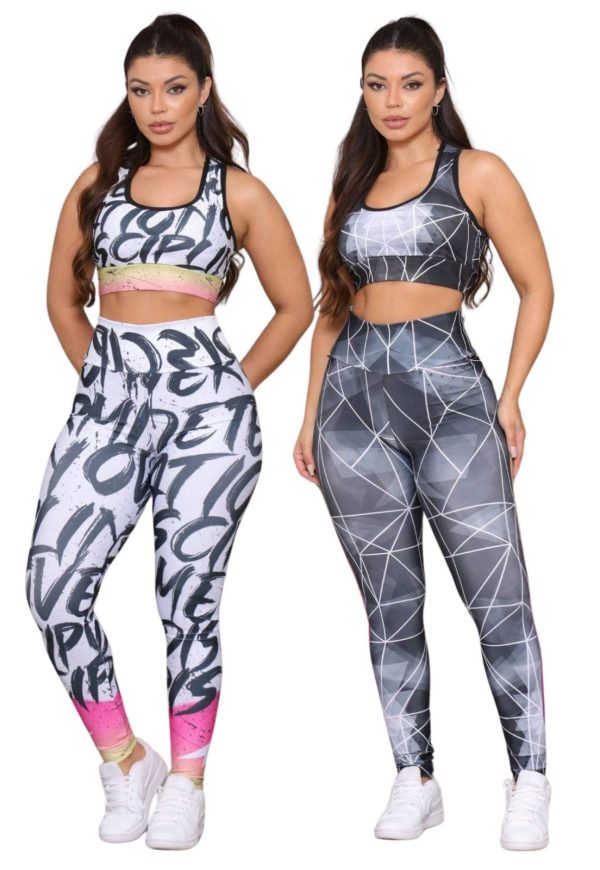 Kit 2 Conjuntos Top e Calça Fitness Linha Premium Cintura Alta Feminino