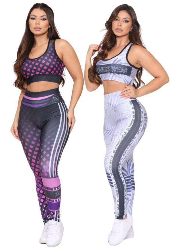 Kit 2 Conjuntos Top e Calça Fitness Premium Cintura Alta com Forro Não Transparente