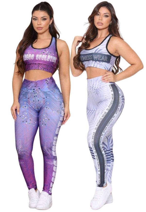 Kit 2 Conjuntos Top e Calça Fitness Premium Cintura Alta com Forro Não Transparente