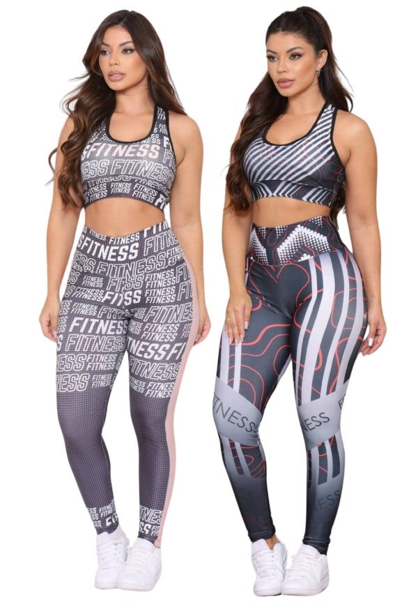 Kit 2 Conjuntos de Academia Feminino Top e Calça Estampada Cintura Alta Linha Premium