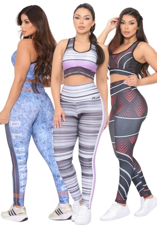 Kit 3 Conjuntos Calça e Top de Academia Estampado Cintura Alta Linha Premium