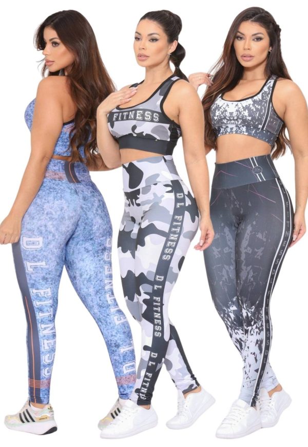 Kit 3 Conjuntos Feminino Fitness Calça e Top Estampado Cintura Alta Linha Premium