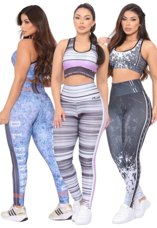 Kit 3 Conjuntos Feminino Fitness Calça e Top Estampado Cintura Alta Linha Premium