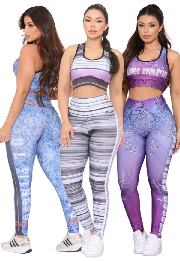 Kit 3 Conjuntos Feminino Top e Calça Fitness Cintura Alta Linha Premium Não Transparente