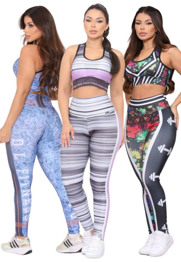 Kit 3 Conjuntos Feminino Top e Calça Fitness Linha Premium Cintura Alta