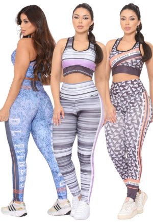 Kit 3 Conjuntos Feminino Top e Calça de Academia Estampada Cintura Alta Linha Premium