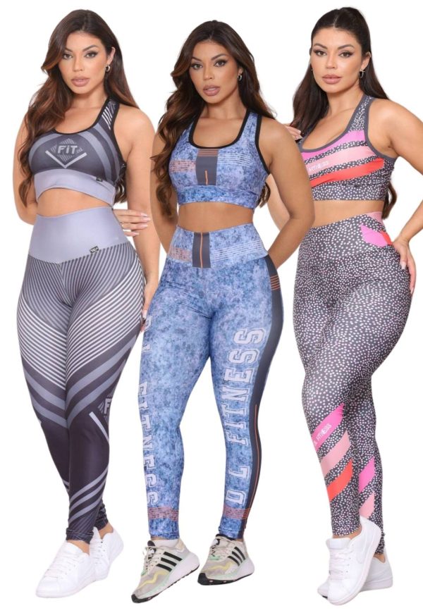 Kit 3 Conjuntos Fitness Top e Calça Cintura Alta Estampada Linha Premium