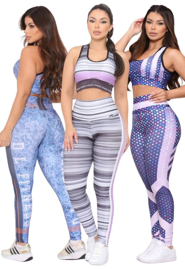 Kit 3 Conjuntos Fitness Top e Calça Cintura Alta Estampada Linha Premium