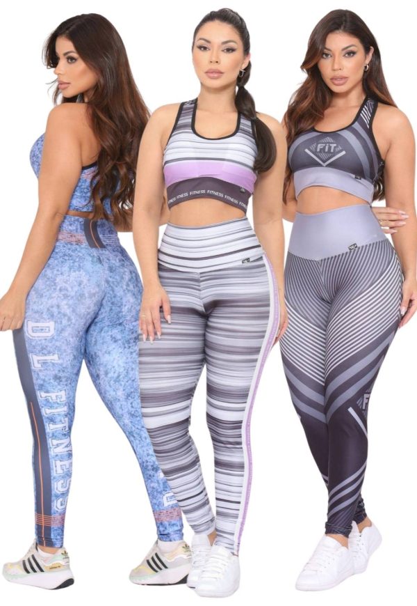 Kit 3 Conjuntos Fitness Top e Calça Cintura Alta Estampada Linha Premium