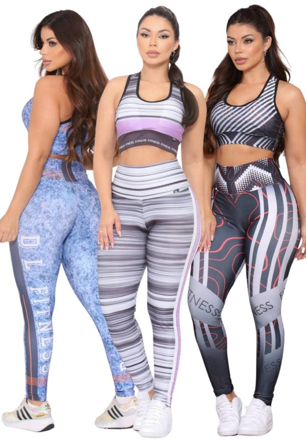 Kit 3 Conjuntos Fitness Top e Calça Estampadas Cintura Alta Tecido Premium Não Transparente