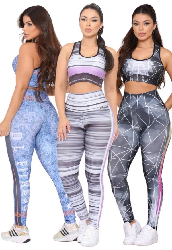 Kit 3 Conjuntos Fitness Top e Calça Feminina para Academia Não Transparente Cintura Alta Linha Premium