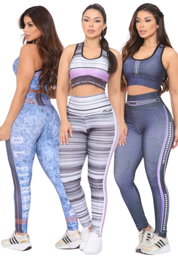 Kit 3 Conjuntos Fitness para Esportes Feminina Top e Calça Cintura Alta Linha Premium