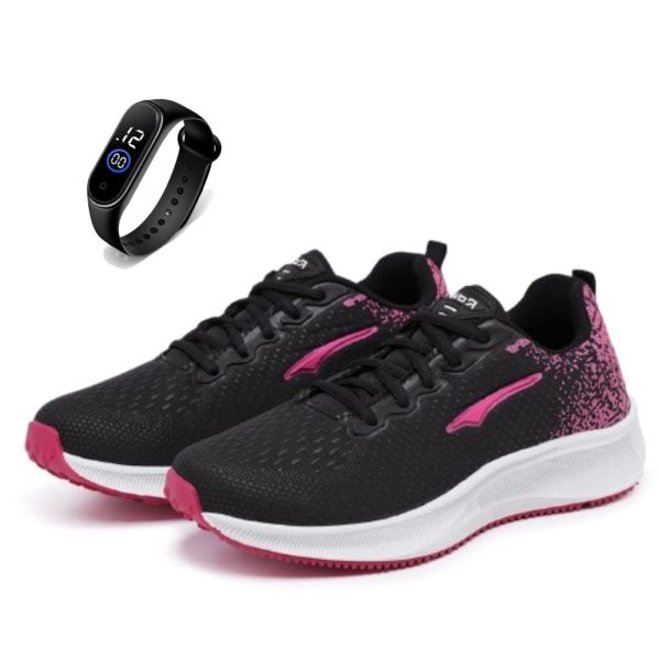 Kit Tênis Feminino Esportivo Casual Macio Super Leve Para Academia Treino e Corrida Preto Pink+ Relógio Led