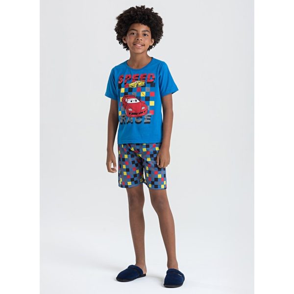 Pijama Verão Menino Azul Camiseta e Bermuda Carro de Corrida