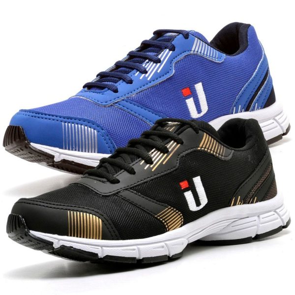 Tênis Esportivo Masculino Casual Treino Corrida Leve Super Confortável Lançamento 2 Pares Preto com Dourado e Azul Combo Promocional