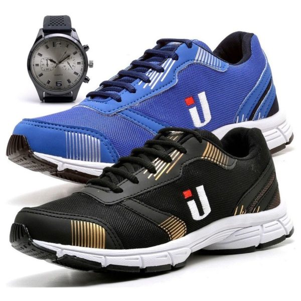 Tênis Esportivo Masculino Casual Treino Corrida Leve Super Confortável Lançamento 2 Pares Preto com Dourado e Azul Combo Promocional Mais Relógio