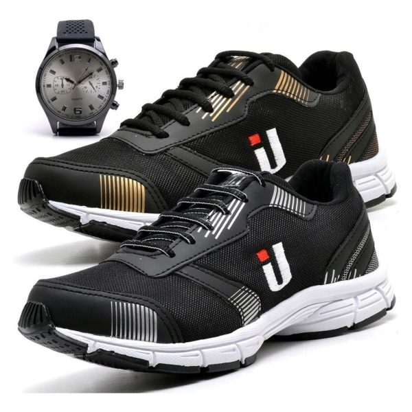 Tênis Esportivo Masculino Casual Treino Corrida Leve Super Confortável Lançamento 2 Pares Preto com Dourado e Preto Combo Promocional Mais Relógio