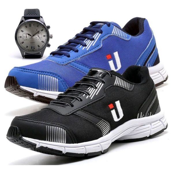 Tênis Esportivo Masculino Casual Treino Corrida Leve Super Confortável Lançamento 2 Pares Preto e Azul Combo Promocional Mais Relógio