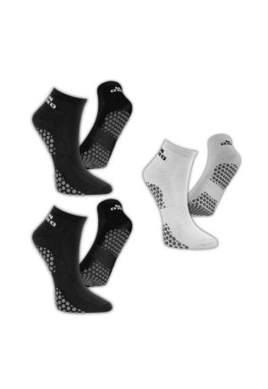 Kit 3 Pares Meia Antiderrapante Unissex Masculina Feminina Pilates Yoga Hidroginástica Esportes 2 Pretas 1 Cinza