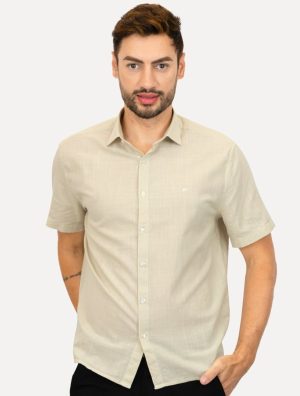 Camisa Ellus Masculina Regular Manga Curta Linen Like Surf New Italian Cáqui Claro