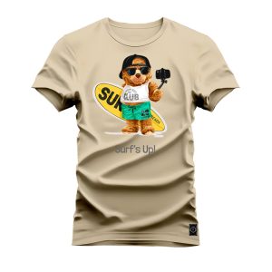 Camiseta Plus Size Extra Grande Estampada Nexstar Confortável Algodão Urso Surf - Bege