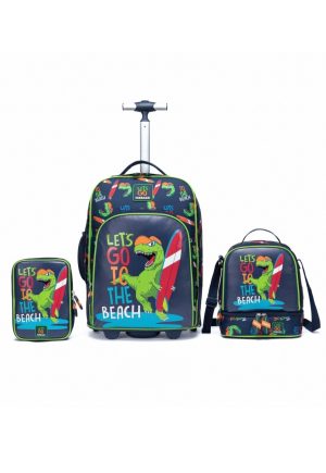 Infantil - Kit Mochila Escolar de Rodinha Lancheira Térmica Estojo Box Menino Jacaré Surfe